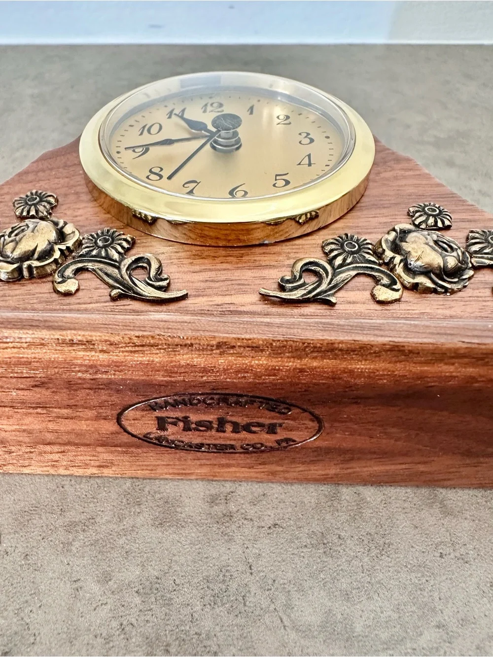 Handcrafted Fisher Landcaster Co. Classic Wooden Small Mantel Clock Brown Gold